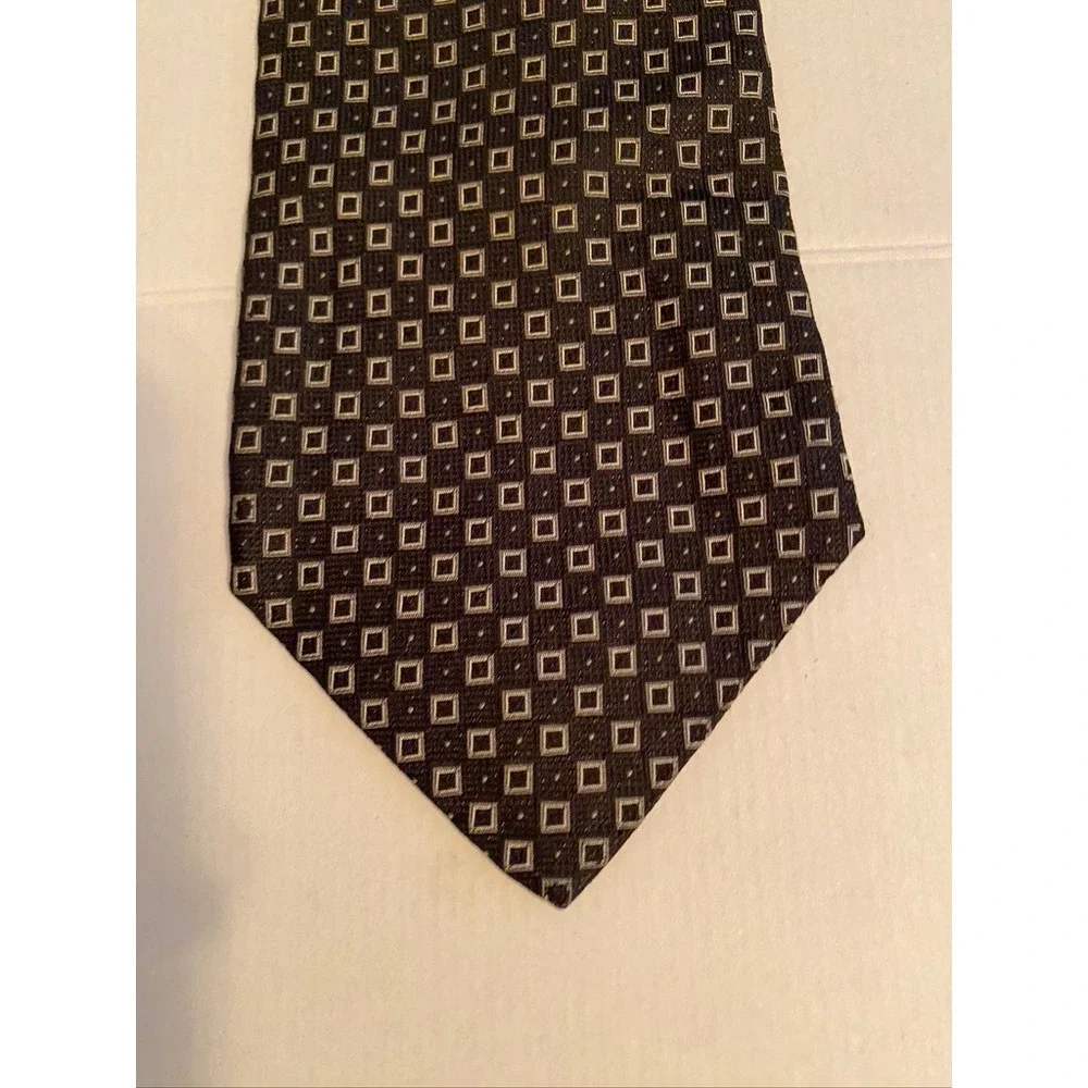 Polo Ralph Lauren Mens Silk Necktie Brown Tan Geometric Square Pattern Hand Made